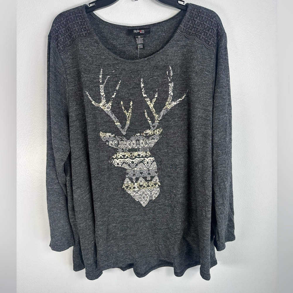 Style & Co Gray Long Sleeve Top with Deer Design Embroidered detail 3x
